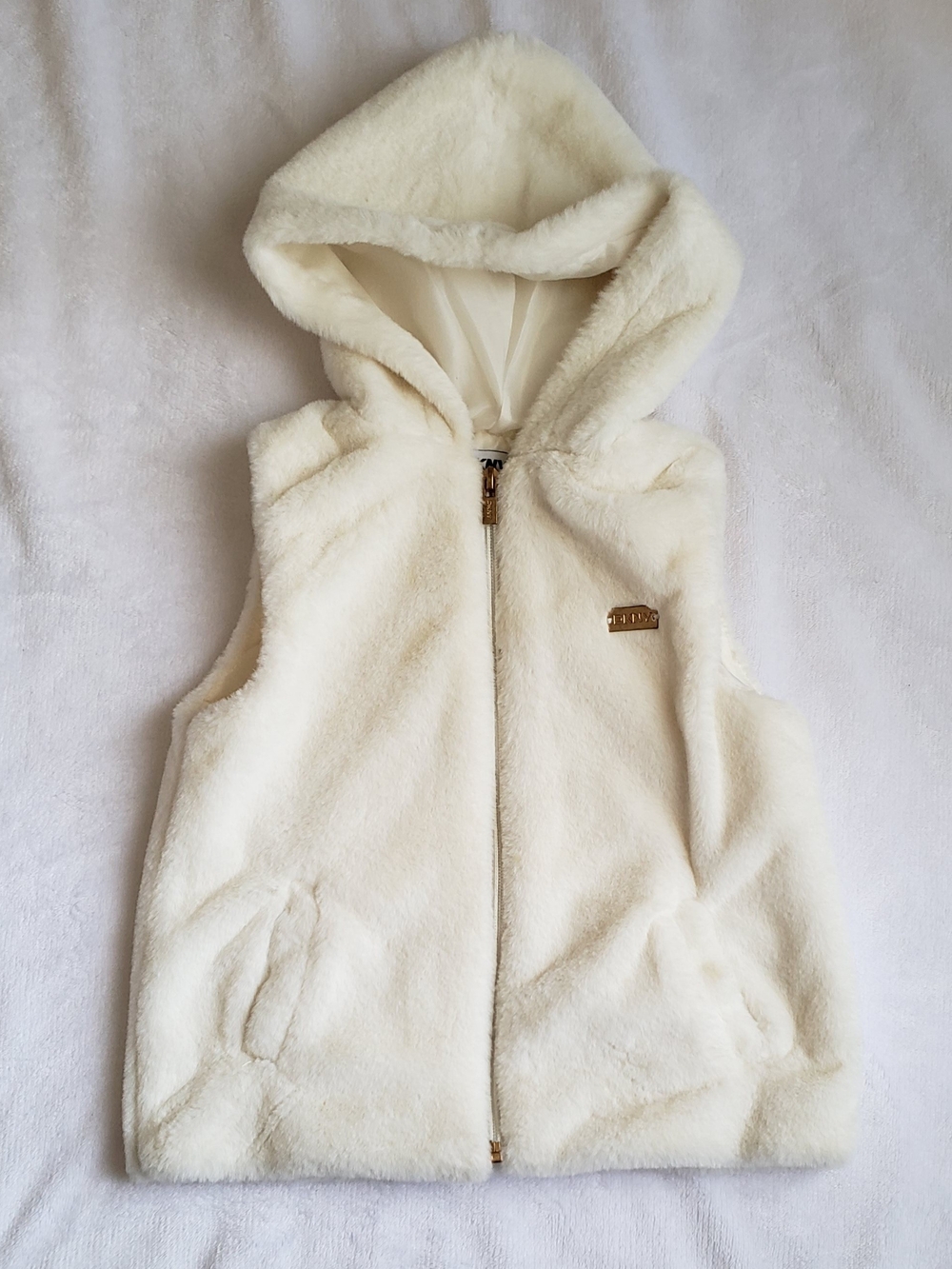 DKNY Cream Faux Fur Vest with Gold Logo Plate